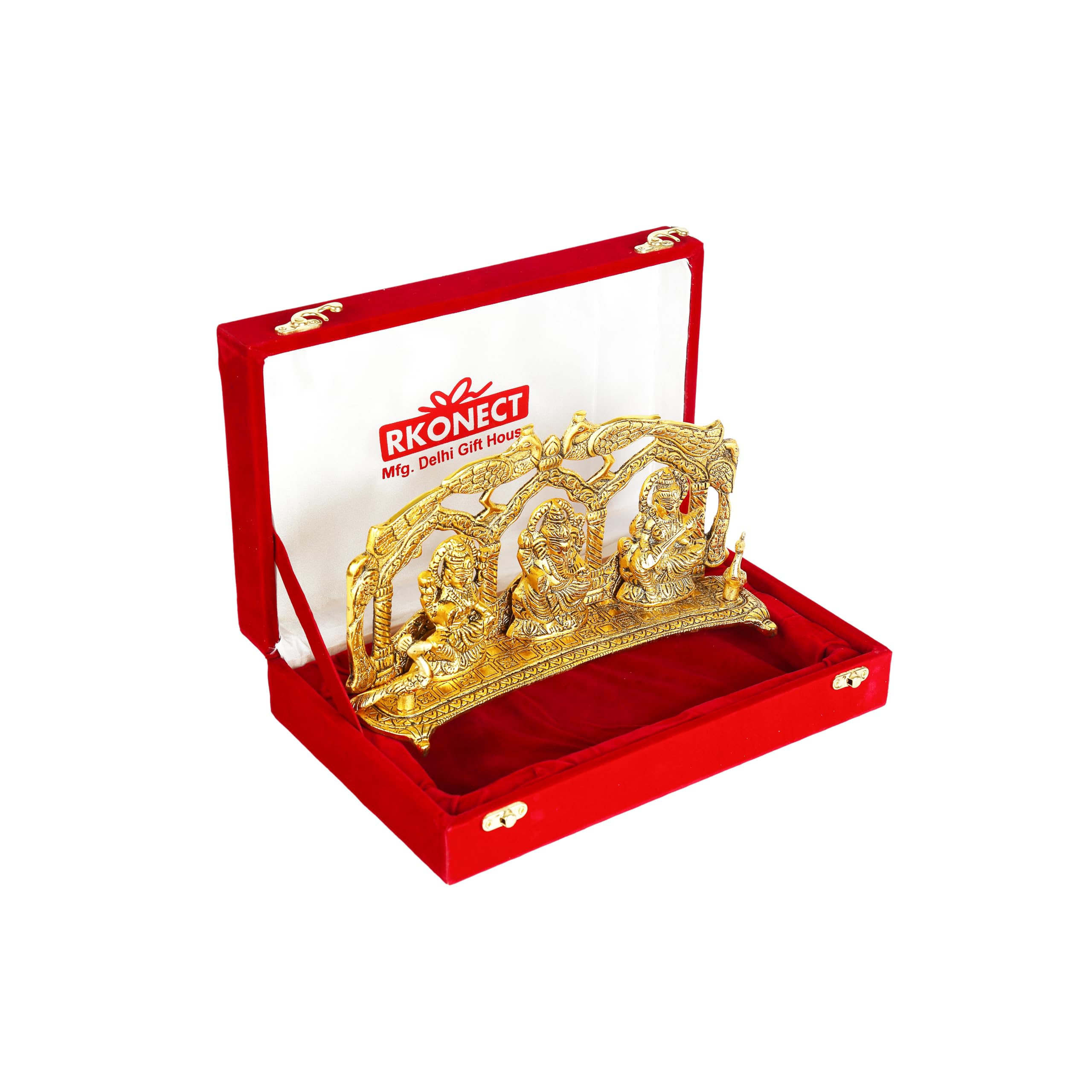 Giftcity Golden Metal Laxmi Ganesh Saraswati Under Peacock Murti Idol Tree Ganesha Idol In Velvet Gift Box || Home Decor For Puj